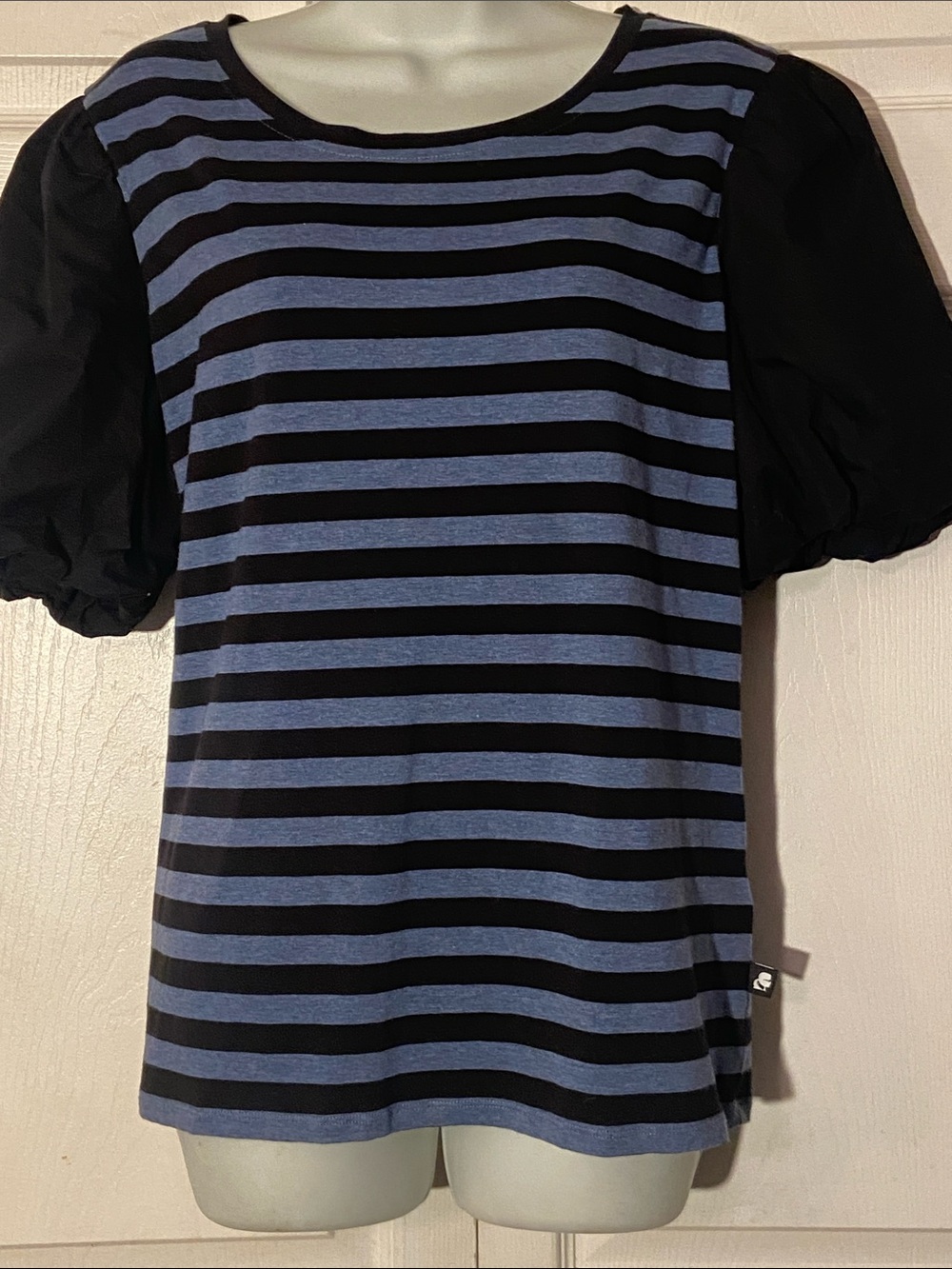 Karl Lagerfeld Dual Fabric Poof Puff Sleeve Collegiate Stripe Tee L